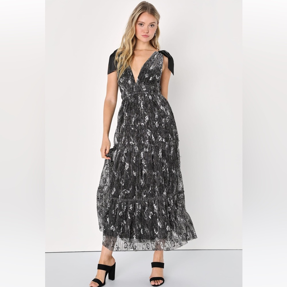 NWT Lulu’s Guest List Gorgeous Black Floral Tie-Strap Maxi Dress Formal Prom - Picture 2 of 7